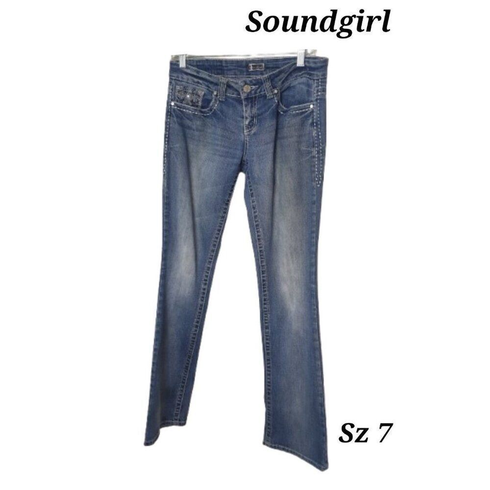 Soundgirl Women's Low Rise Embellished Bootcut Jeans Size 7 Thick StitcBlue Deni